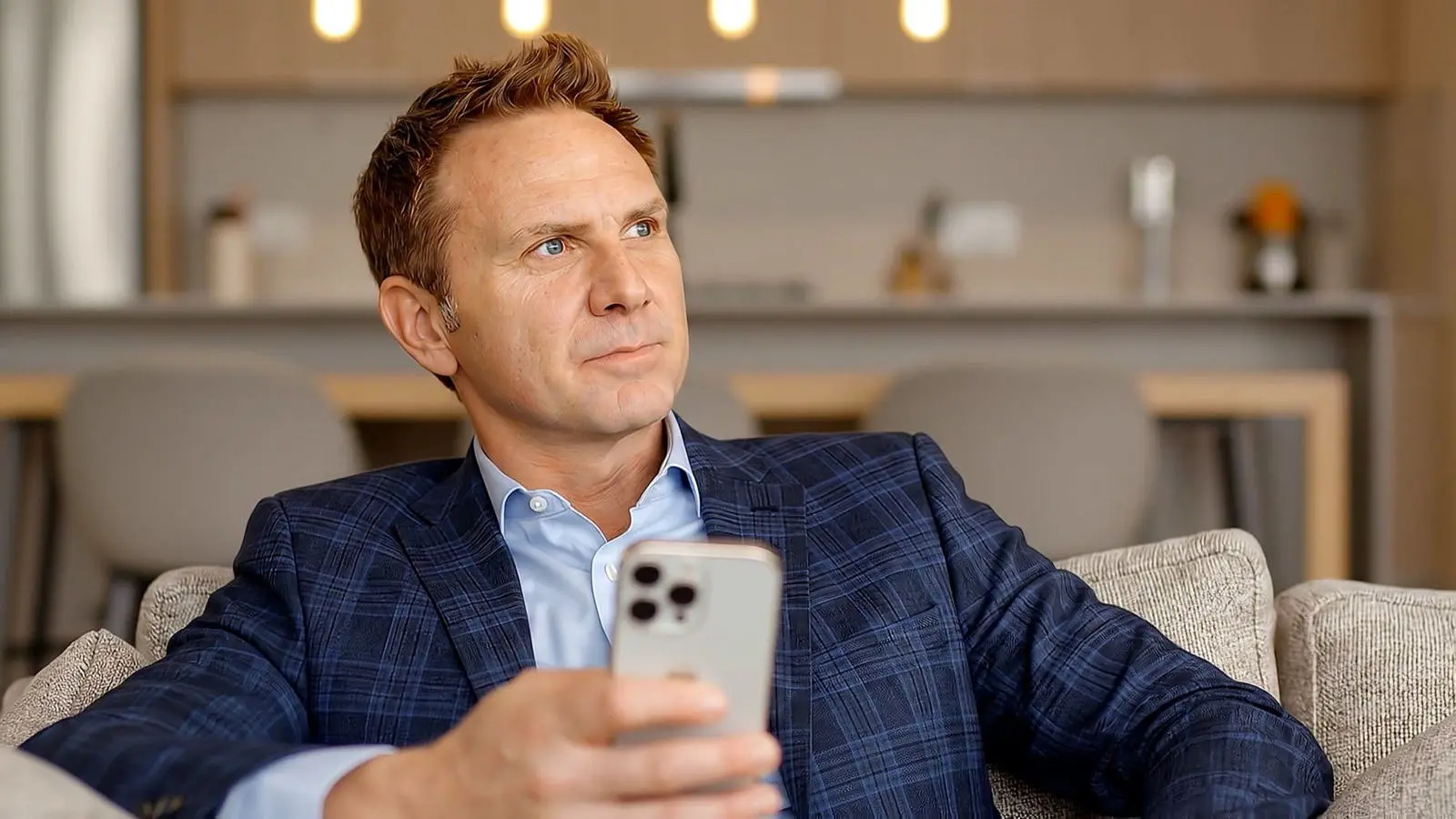 Behind the Build: a man on a couch with a phone, in a modern apartment.