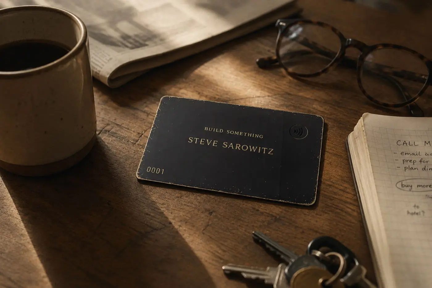 The Build Something physical membership card, matte black with gold edges and a serial number, resting on a desk beside keys, glasses, and a cup of coffee.