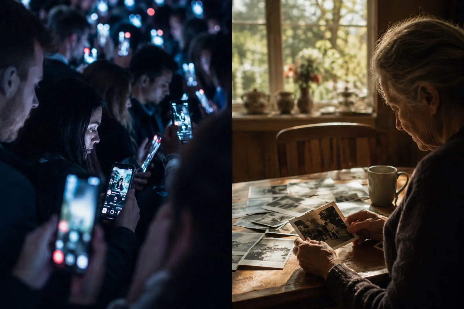 On the left, a crowd lit only by the phones they stare into. On the right, an older woman at a sunlit table holding an old photograph.