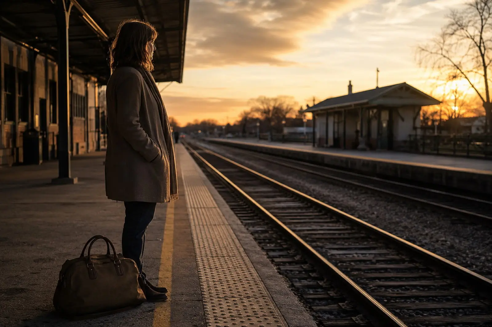 A person waiting alone on a train platform at sunset.