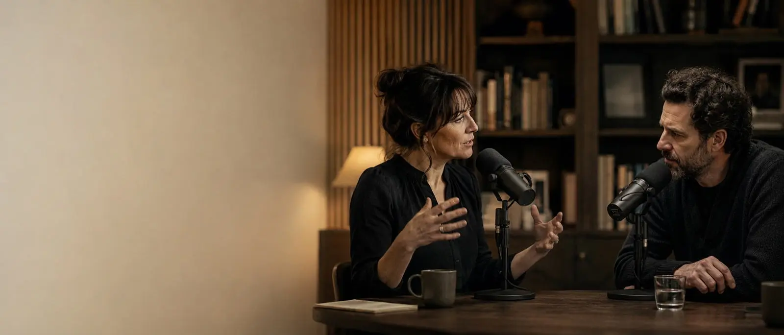 The Interpreters: two hosts mid-conversation at a table with broadcast microphones, in a warm book-lined study.