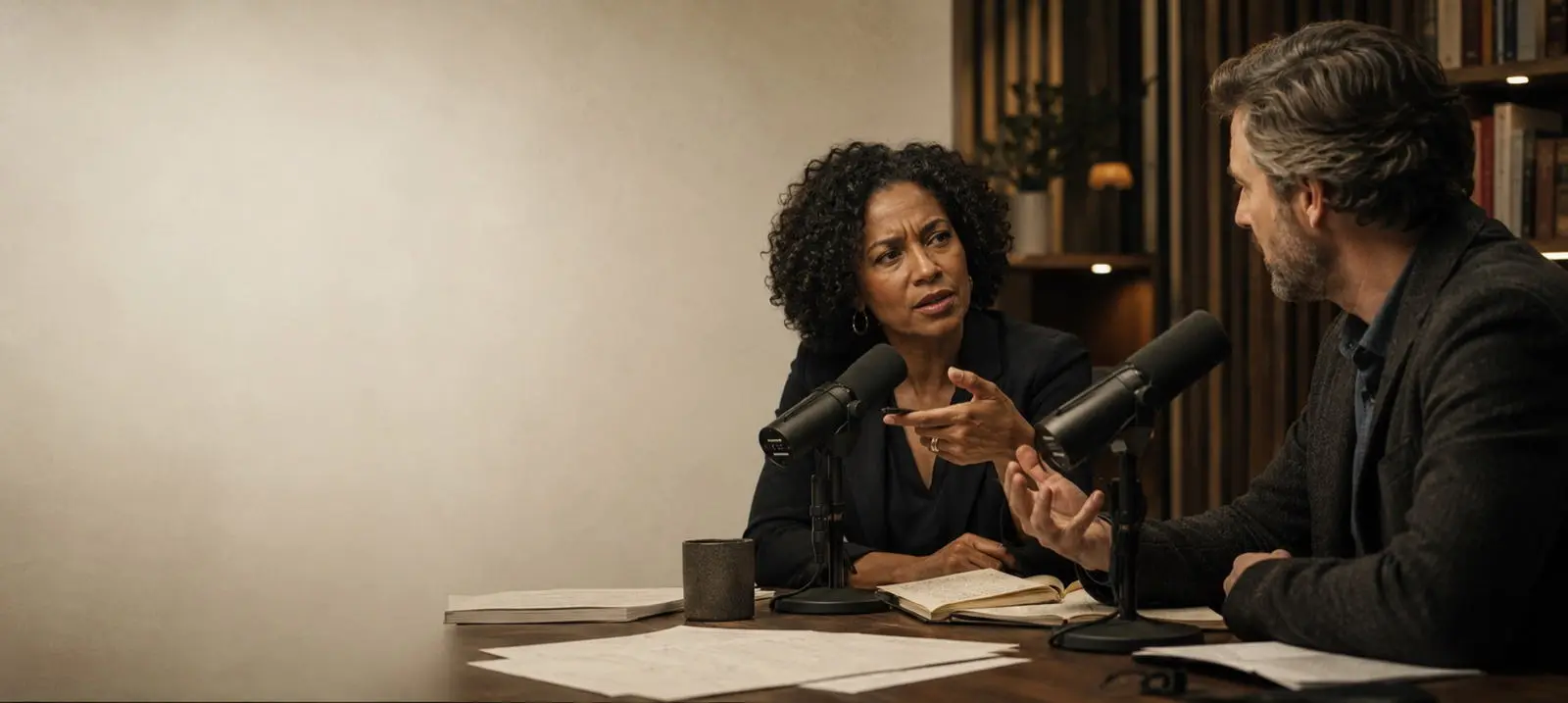 The Debaters: two hosts in debate across a table of broadcast microphones and papers, in a warm study.