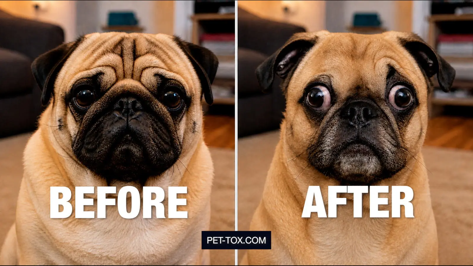 Pet-Tox, a parody ad: a before-and-after of an over-medicated pug