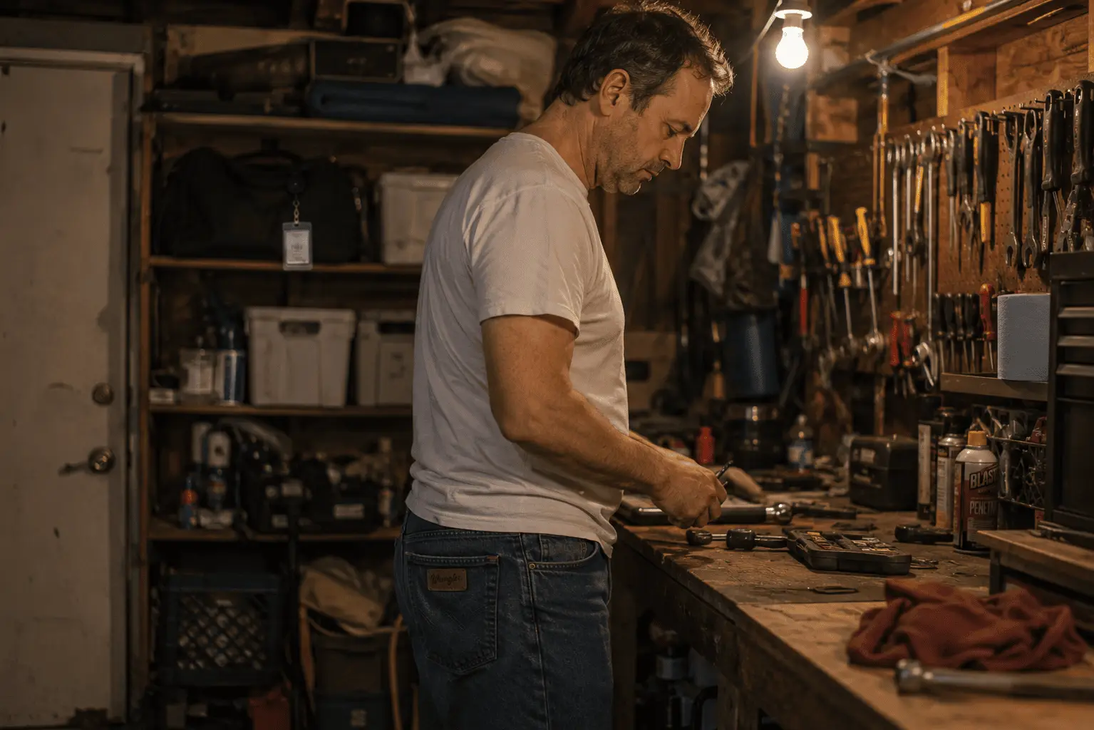 Dad-Scaped: a father at his workbench at night