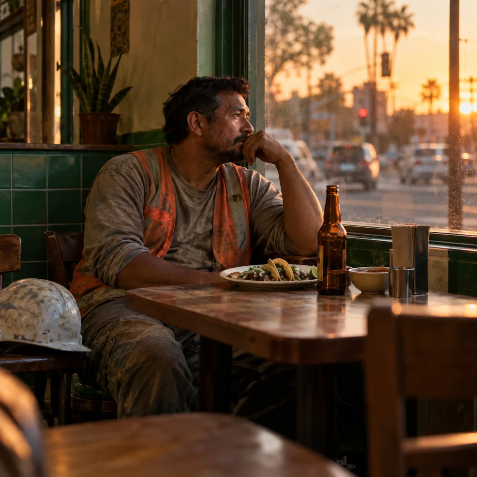 A construction worker rests over tacos and a beer beside a café window