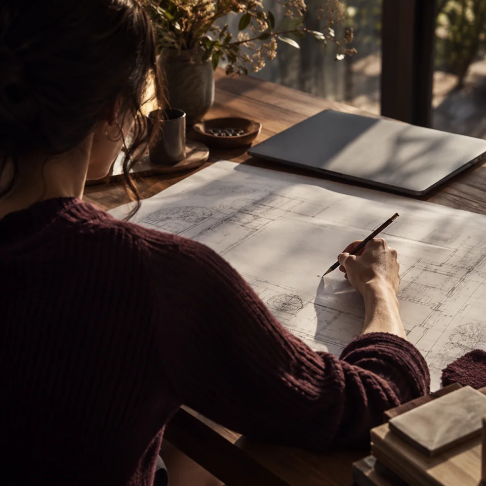 A woman pauses with her pencil over an architectural plan, choosing before acting