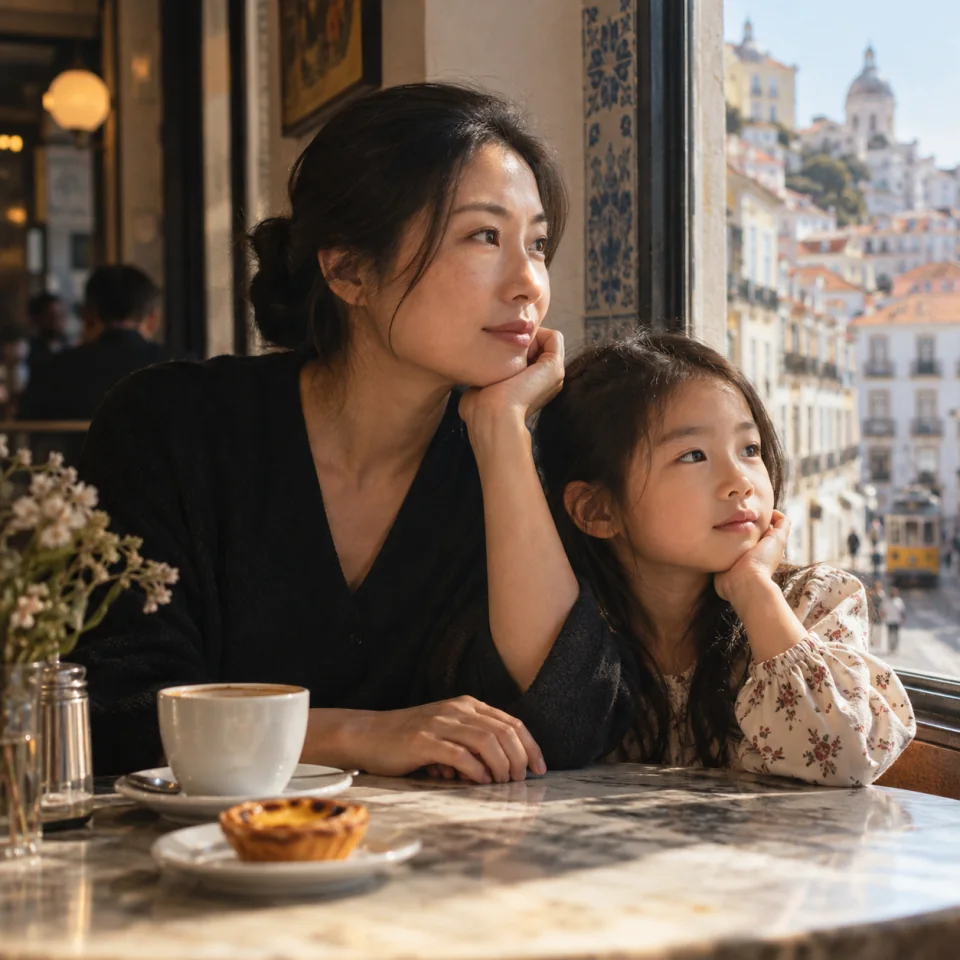 A mother and daughter looking out over Lisbon from a café window