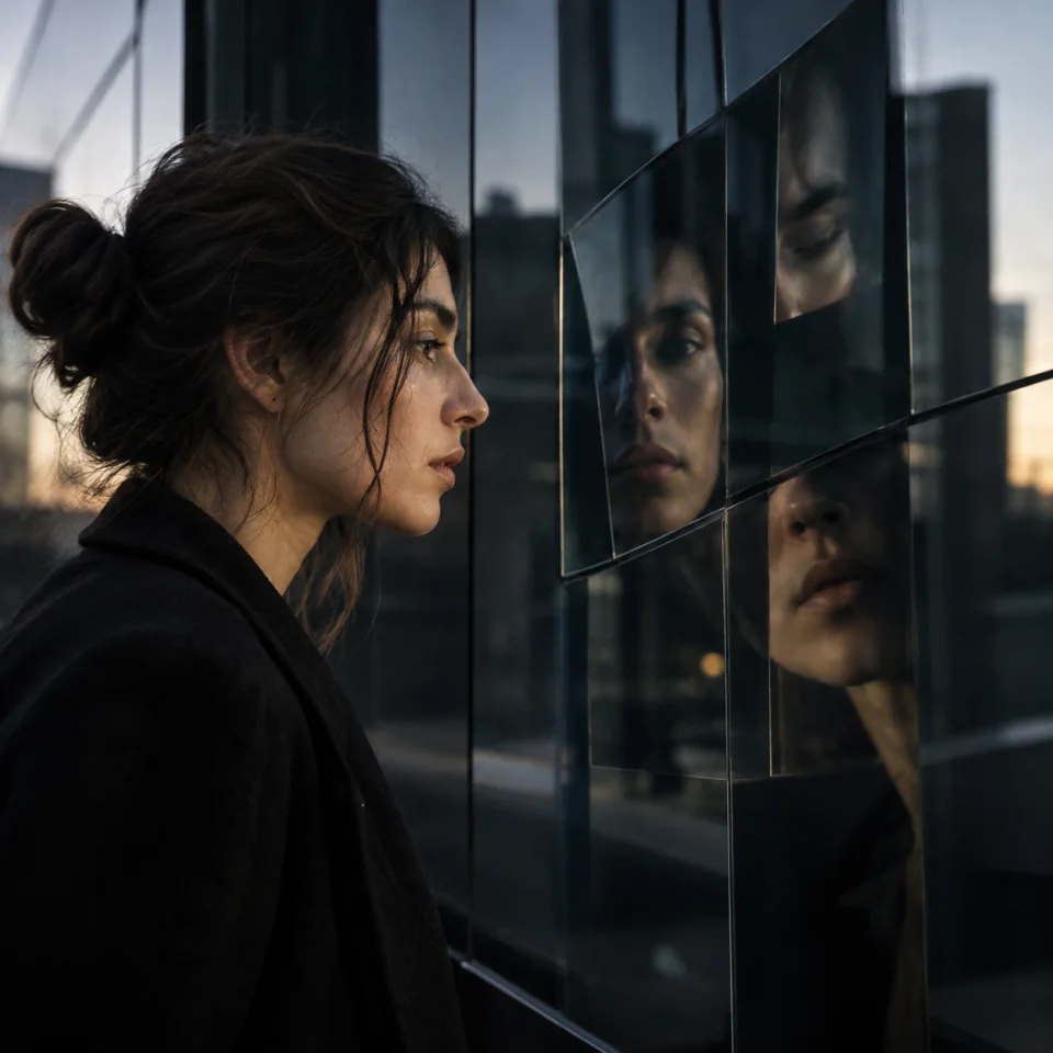 A woman’s face and fragmented reflections in dark architectural glass