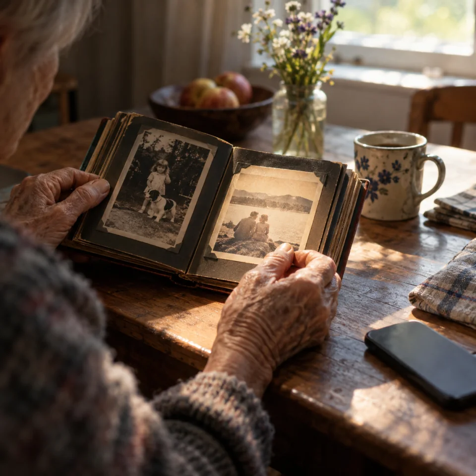 An older person’s hands opening a family photo album
