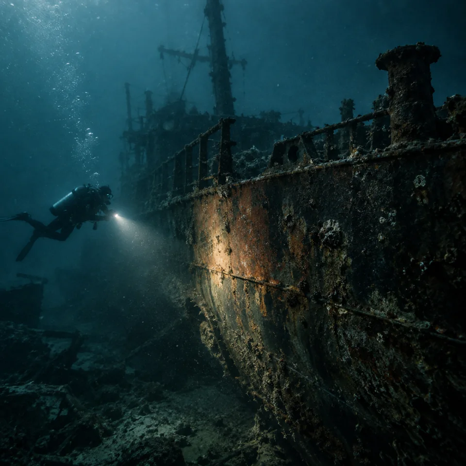 A diver’s inspection light reveals steel from a sunken ship