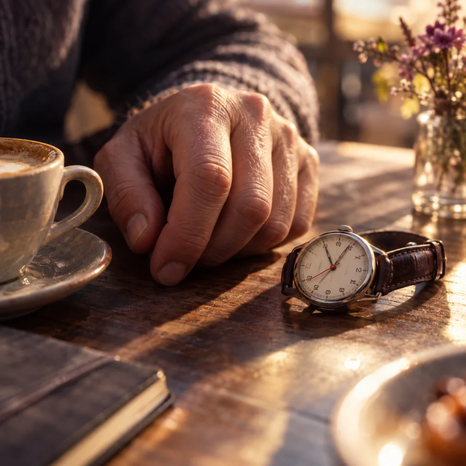 A human hand beside a watch in a brief pool of sunlight