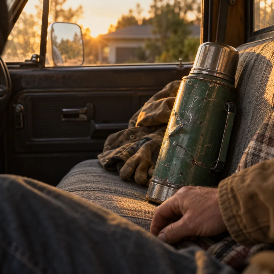 A worn green thermos on the passenger seat after work