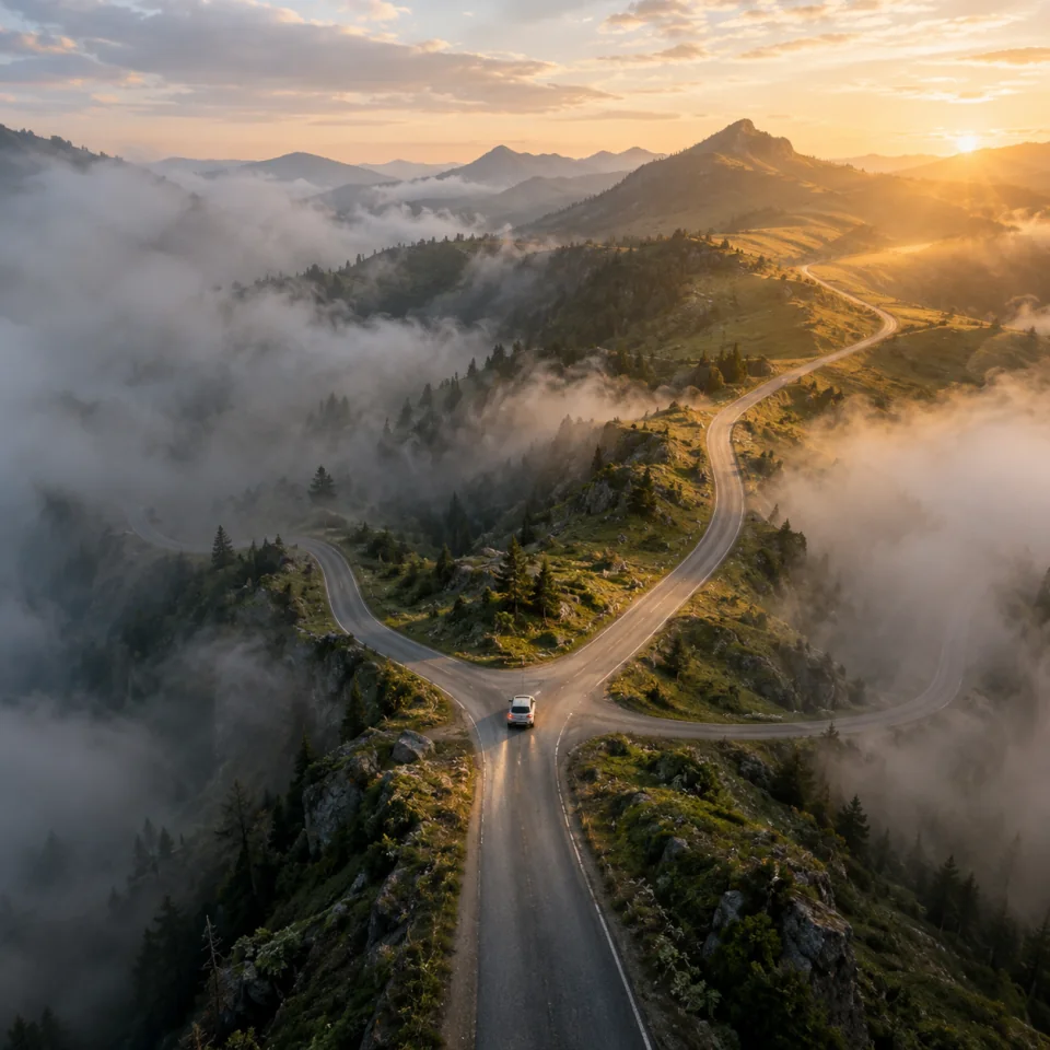 A mountain road branches through mist, with one route opening into sunlight