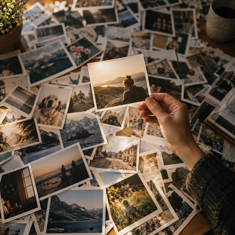 A hand chooses one meaningful photograph from hundreds of prints