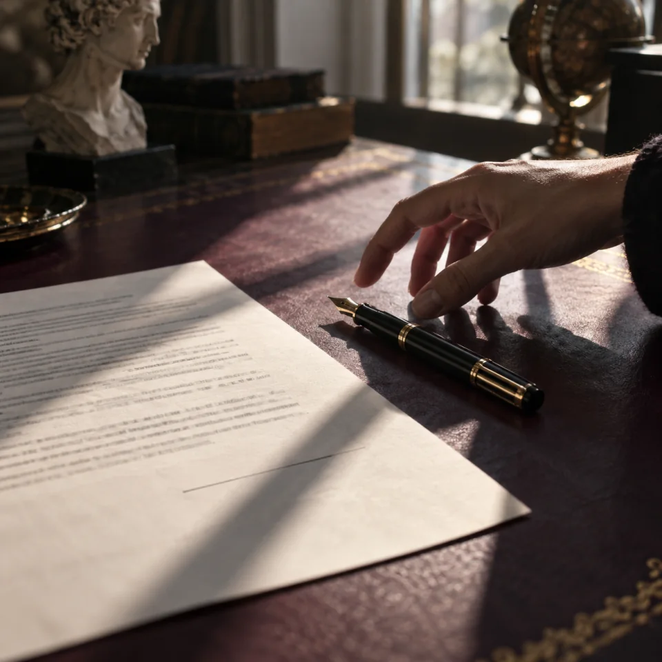 A hand reaches for a pen beside rules already written by somebody else