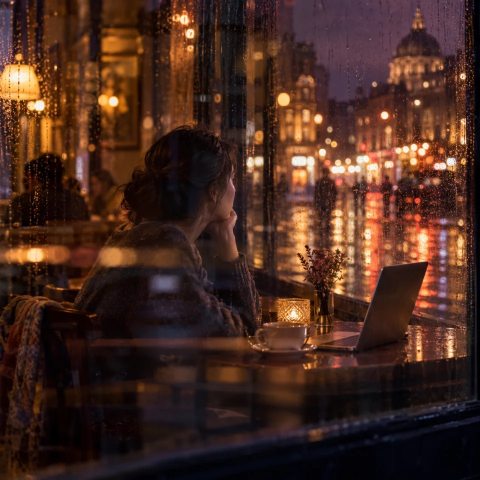 A person seen through rain and reflections, beyond the data on their laptop