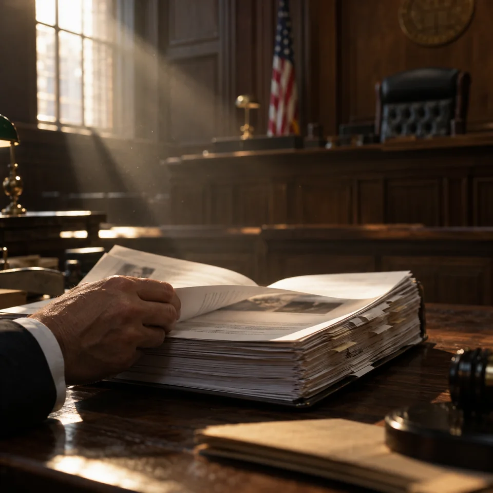 A sunlit evidence file on a courtroom table, held open by a human hand