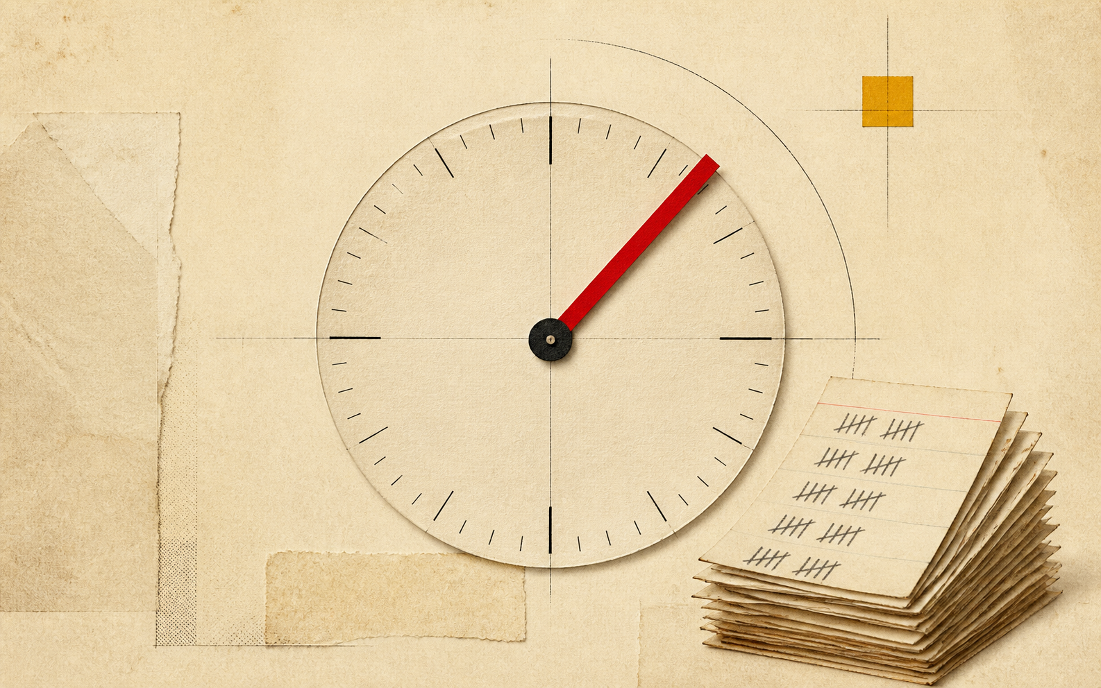 A red minute hand over an archival clock face beside a stack of daily tally cards