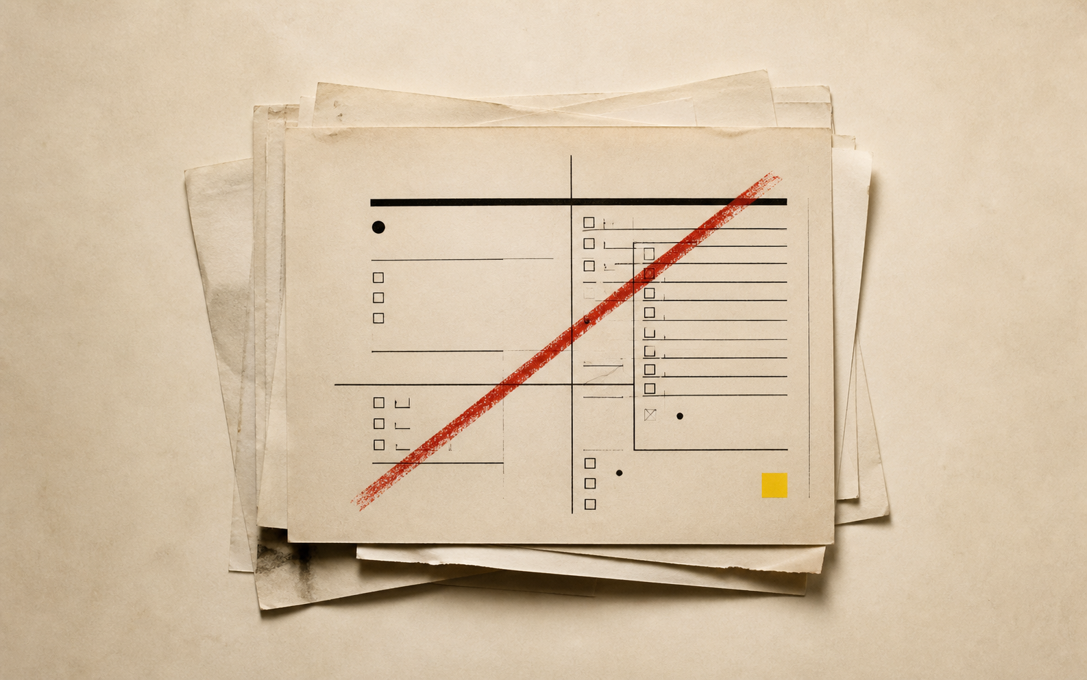 Abstract rule sheets crossed by a red mark