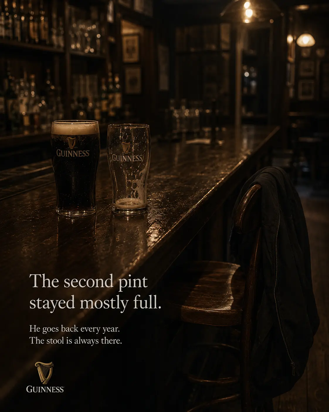 Guinness ad showing two pints on a pub bar with the headline The second pint stayed mostly full