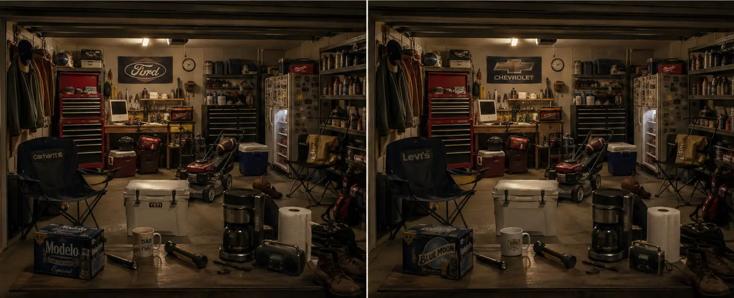 Two nearly identical garage scenes, side by side, with ten small differences between them