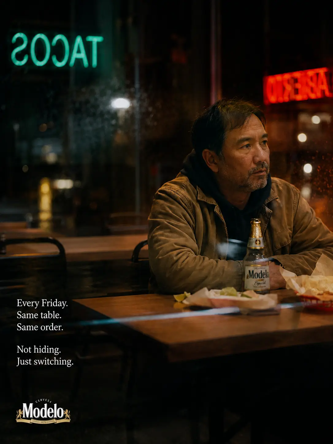 The finished Modelo ad: Every Friday, same table, same order, not hiding, just switching